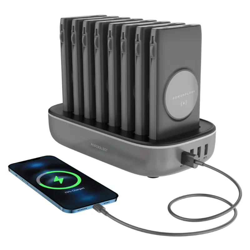 Powerology 8 in 1 Power Bank Station with Built-In Lightning and Type-C Cable a