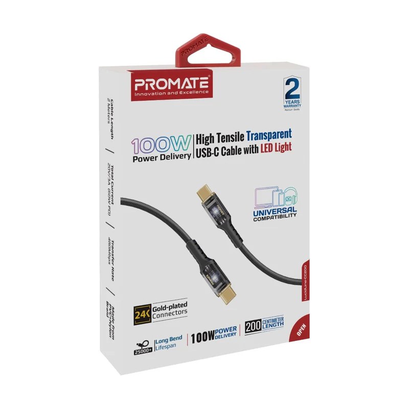 Promate High Tensile Transparent 100W Power Delivery USB-C Cable with LED Light image