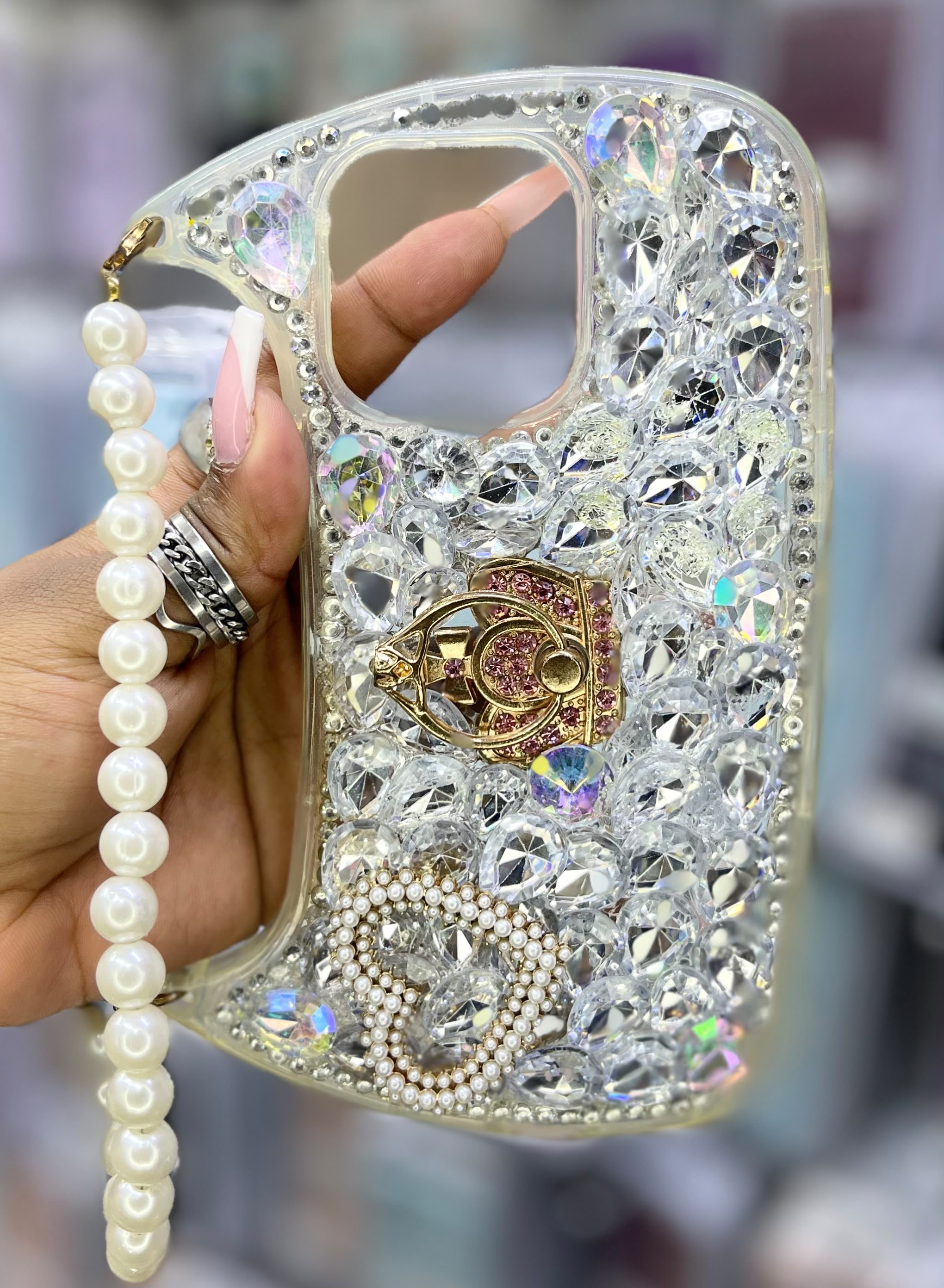 Luxury Crystal Diamond iPhone Case with Pearl Wrist Strap image